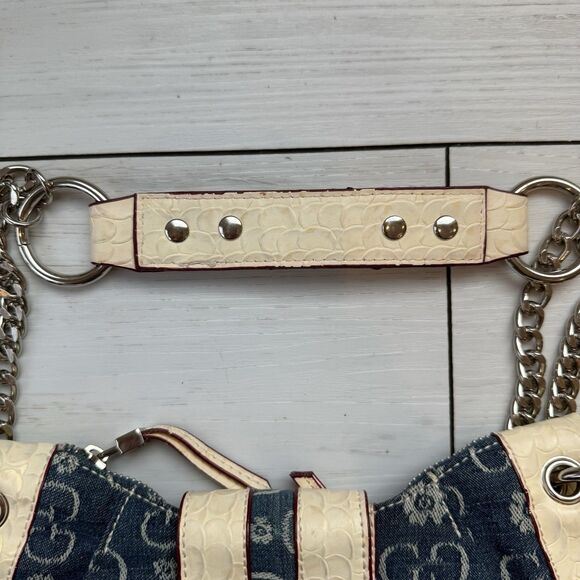 Y2K Gussaci Denim Monogram Faux Croc Leather Baguette Bag Purse Bling Big Buckle - Picture 3 of 13